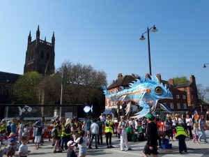 the wishing fish on parade in Worcester, on World Fish Migration Day