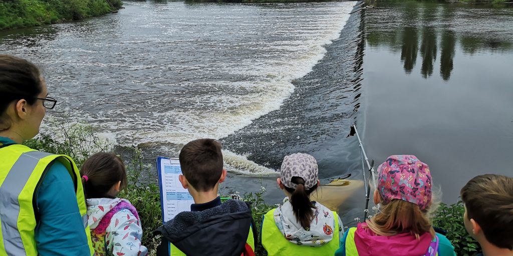 a group of school children stand in front of the notch at upper lode weir, watching for fish