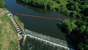 An aerial image showing Lincomb Deep Vertical Slot Fish pass alongside Lincomb weir from Unlocking the Severn on the River Severn just south of Stourport
