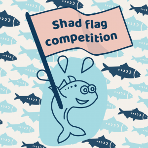 cartoon twaite shad (fish) waves a flag which reads 'shad flag competition'. Set against a background of light blue and navy twaite shad.