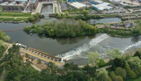 view of Diglis weir, fish pass and island from the air