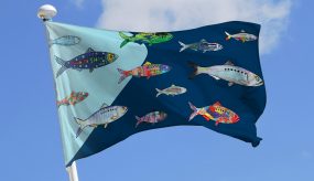 May Fish Flag celebrating the Amazing May Fish Migration #SevernShadRun featuring children's shad illustrations