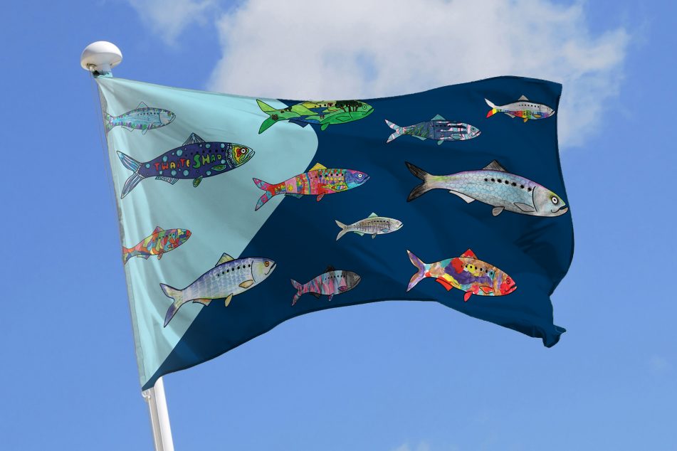 May Fish Flag celebrating the Amazing May Fish Migration #SevernShadRun featuring children's shad illustrations