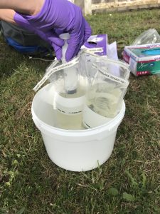 In the centre of the image some plastic bags with syringes sit in a white bucket. A hand with a purple glove holds a syringe containing eDNA material, collected from the River Severn
